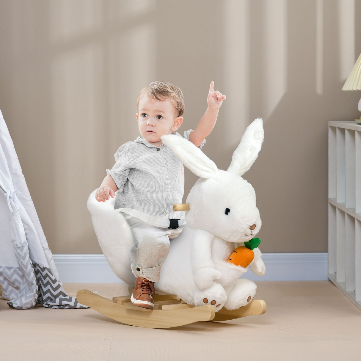 easycomfort easycomfort animale a dondolo a forma di coniglio con suoni e cintura di sicurezza 60x33x50 cm bianco