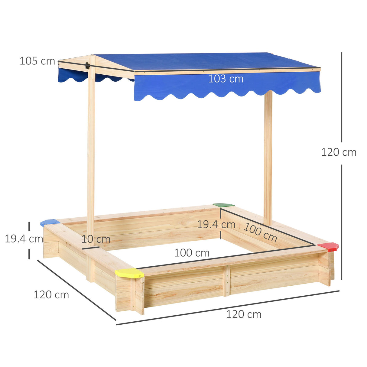 easycomfort easycomfort sabbiera per bambini in legno con panca e tettuccio parasole regolabile 120x120x120cm