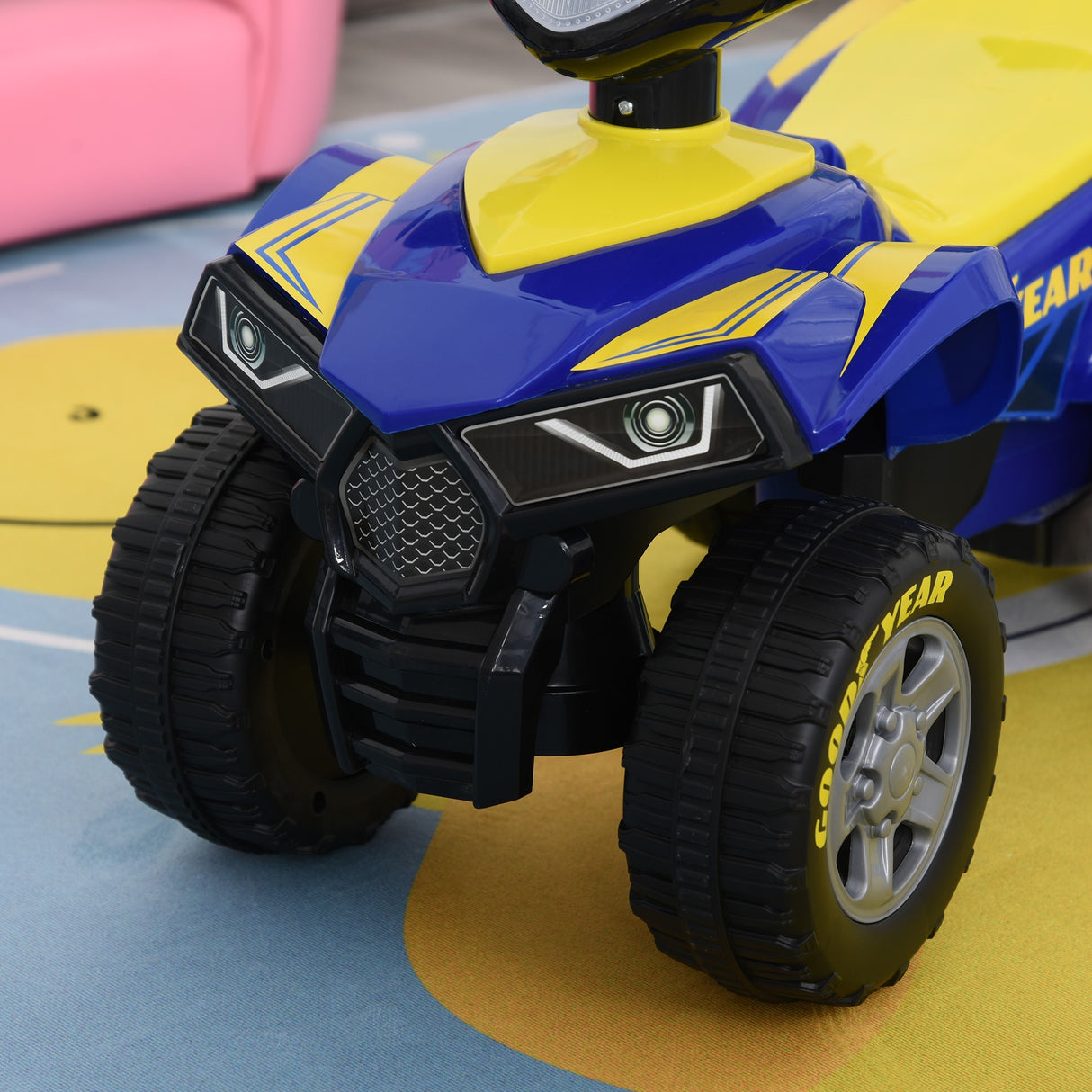 easycomfort easycomfort quad giocattolo per bambini 18 36 mesi con licenza goodyear con luci e suoni realistici blu e giallo 60x31x42cm