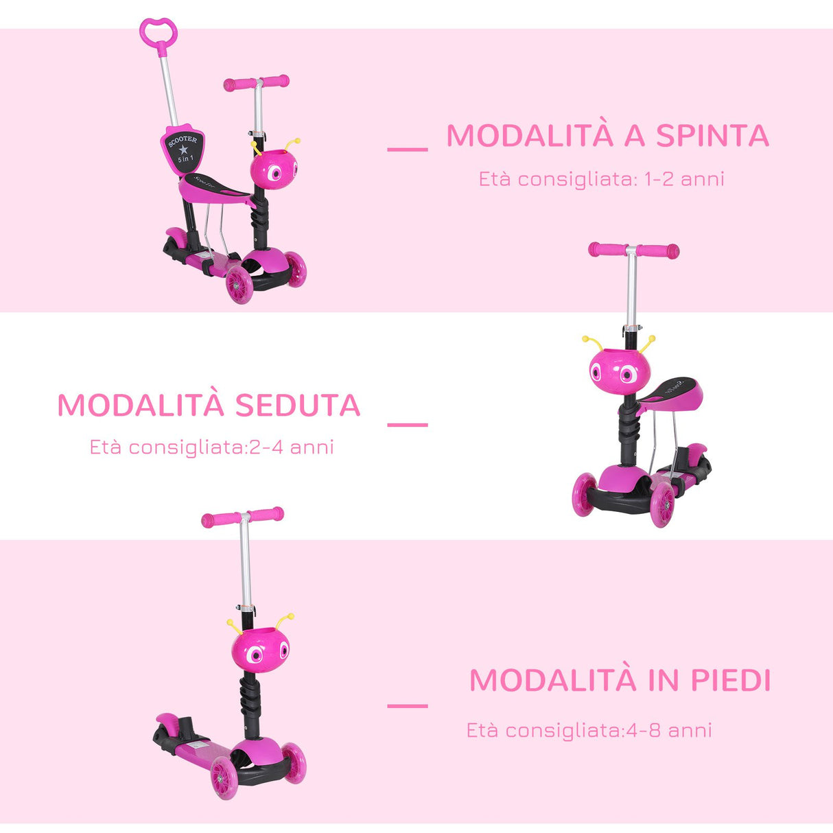 easycomfort easycomfort monopattino 3 ruote per bambini con sedile e maniglione manubrio con altezza regolabile 62x25x72 5cm rosa