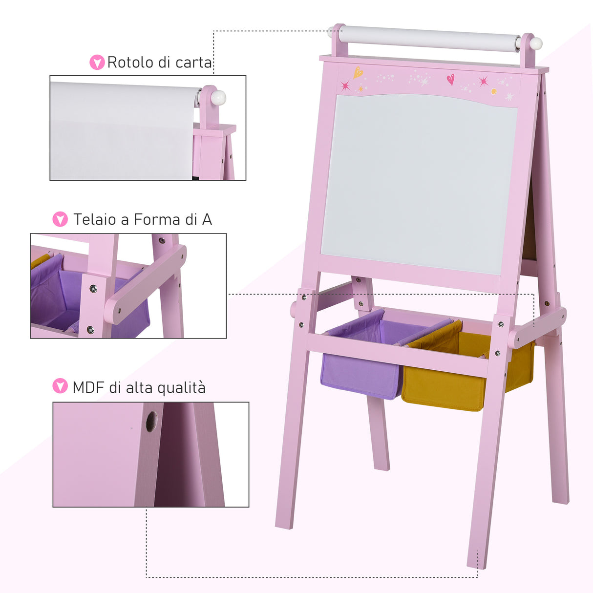 easycomfort easycomfort lavagnetta con cavalletto per bambini 3 in 1 e con rullo fogli di carta in legno rosa
