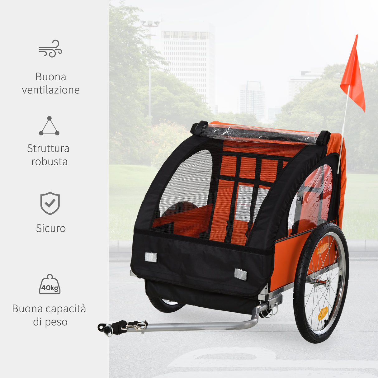 easycomfort easycomfort rimorchio bici bambini 2 posti con cinture di sicurezza e copertura arancione