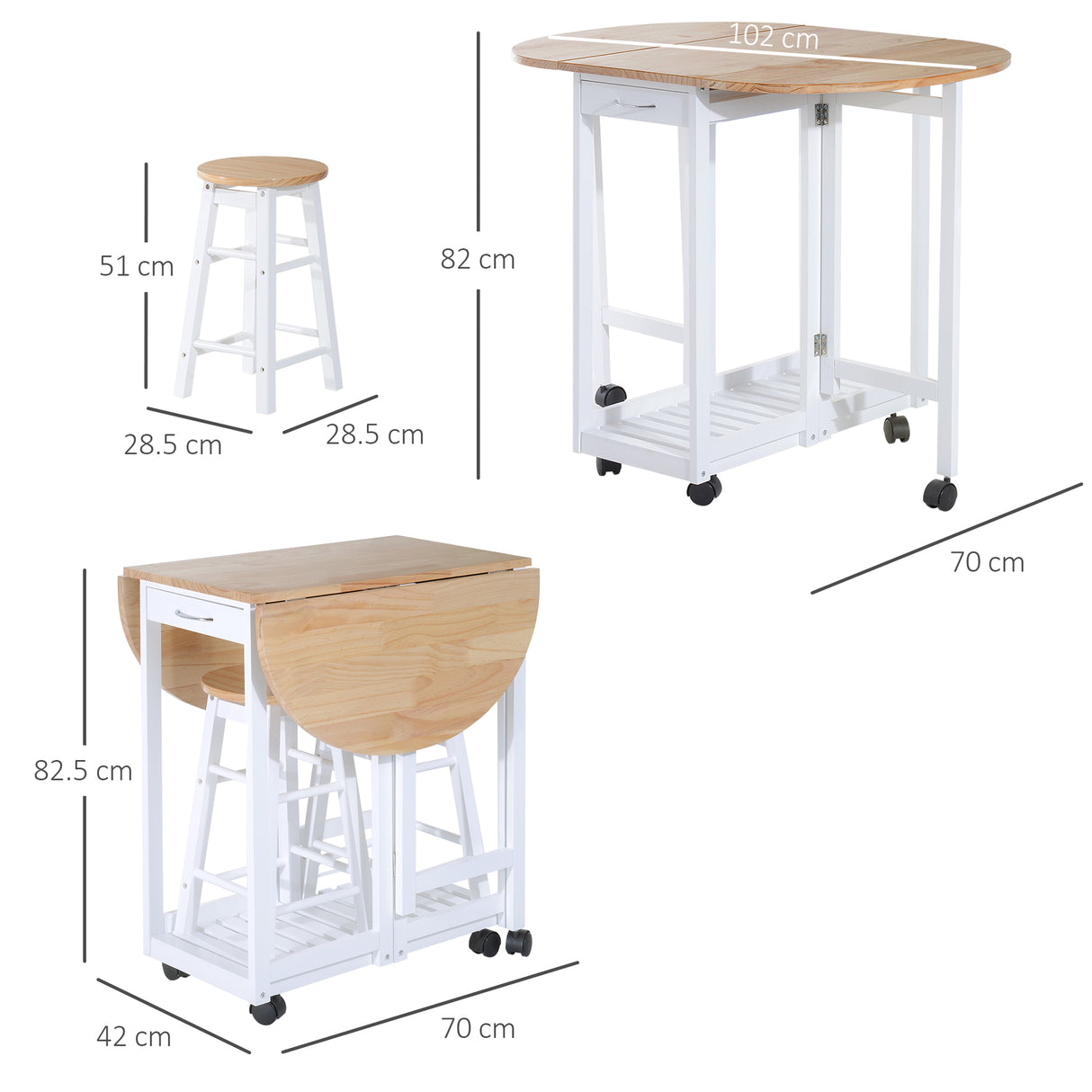 easycomfort easycomfort set 3 pezzi tavolo pieghevole da cucina e 2 sgabelli salvaspazio bianco e legno