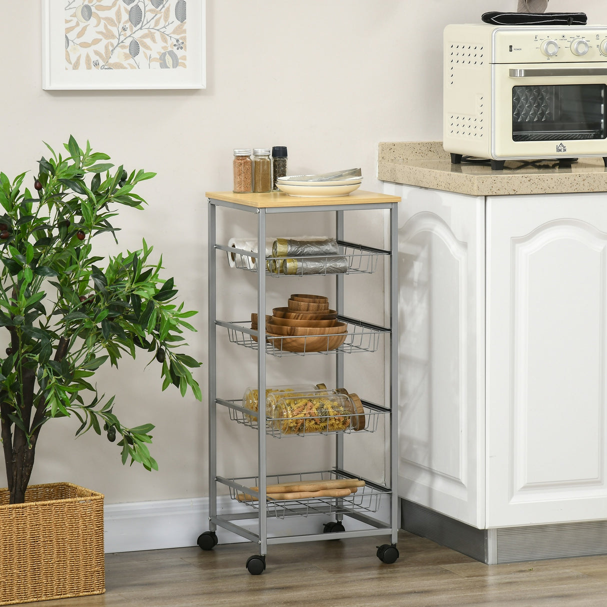 easycomfort easycomfort carrello cucina salvaspazio ruote 4 cesti acciaio legno 36 5 36 5 89cm ean 8054111841207