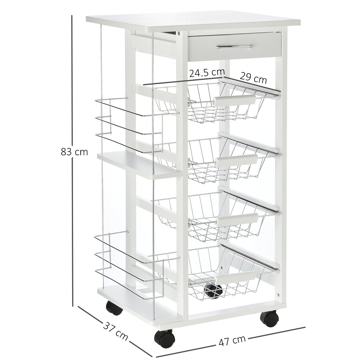easycomfort easycomfort carrello da cucina salvaspazio in legno bianco portavivande con 1 piano di lavoro 1 cassetto e 4 cestelli metallici 47x37x83cm ean 8054111844918