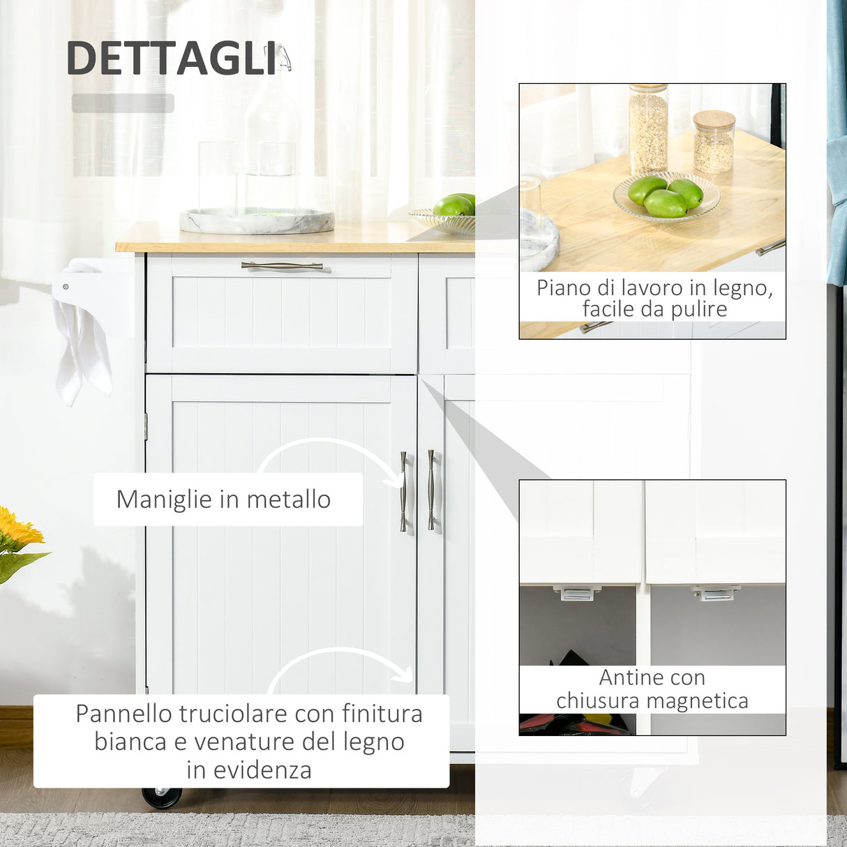 easycomfort easycomfort carrello da cucina multiuso in legno con 2 cassetti 104x46x91cm bianco