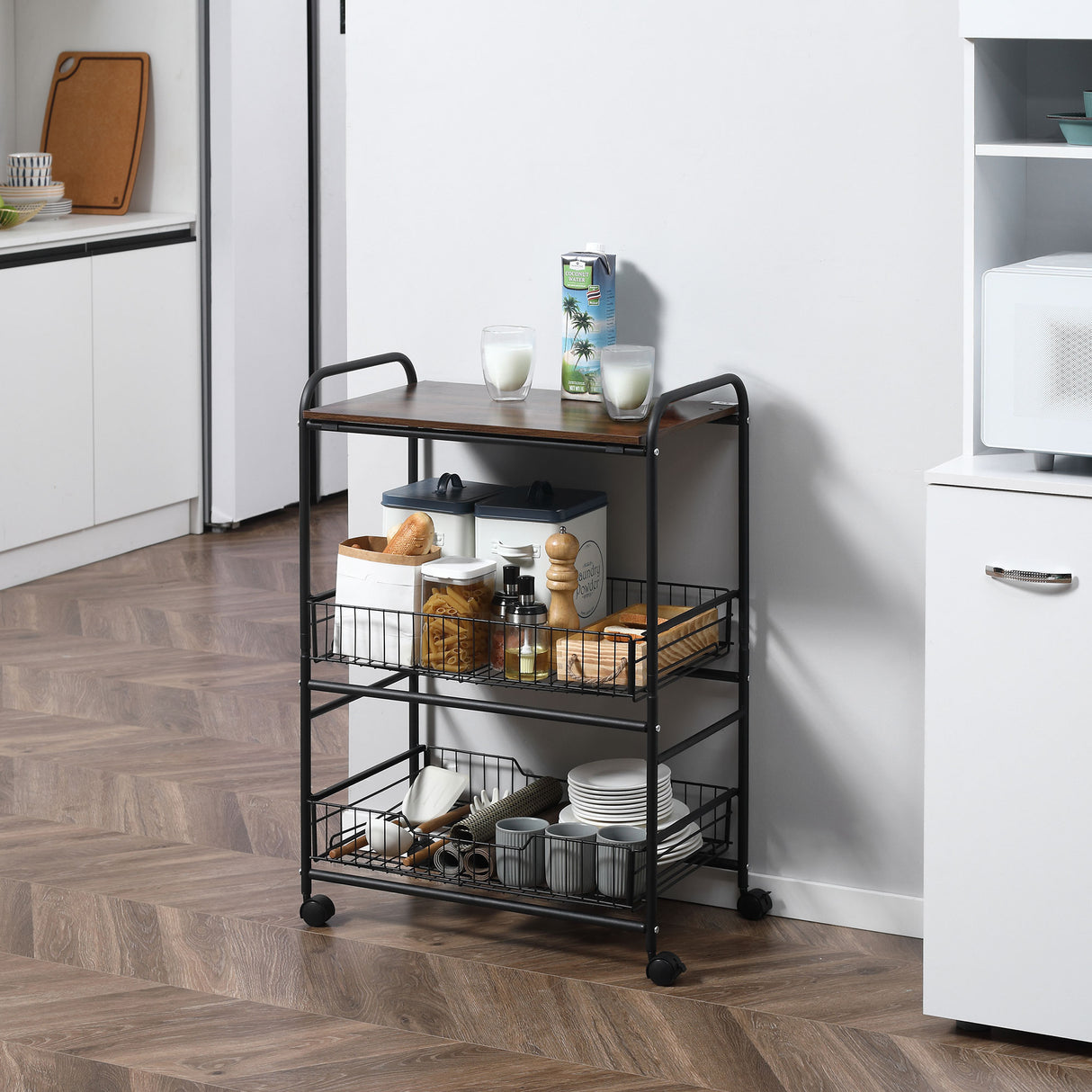 easycomfort easycomfort carrello da cucina portavivande stile industriale con 4 ruote 2 cestini e 4 ganci 60x38x85 5cm marronenero