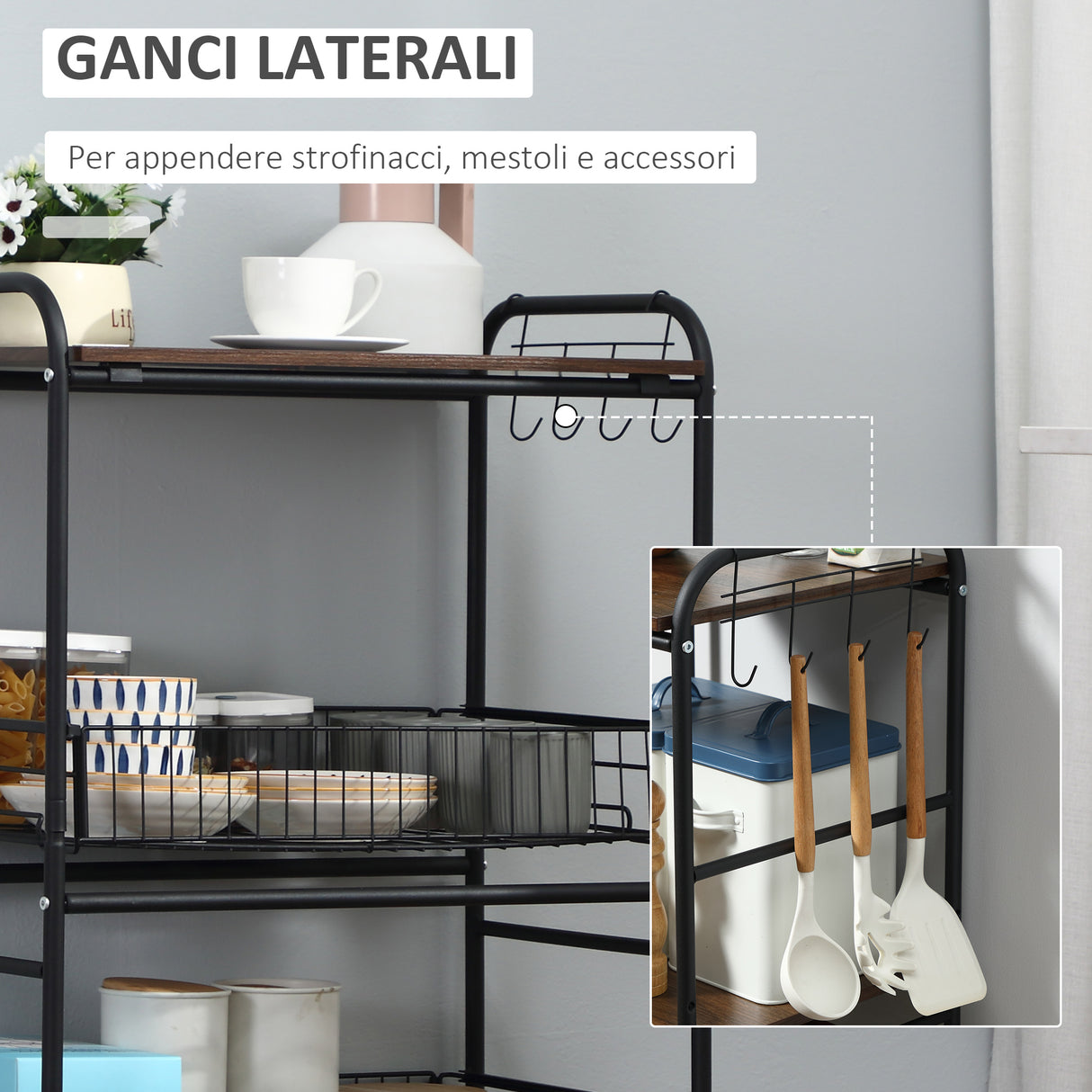 easycomfort easycomfort carrello da cucina portavivande stile industriale con 4 ruote 2 cestini e 4 ganci 60x38x85 5cm marronenero