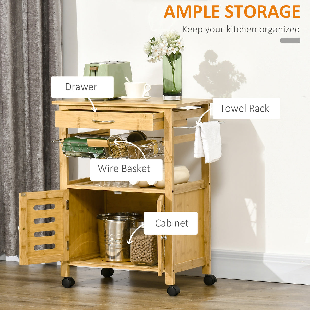 easycomfort easycomfort carrello da cucina con cassetto armadietto e cestino estraibile in legno con ruote girevoli 66x36x79cm