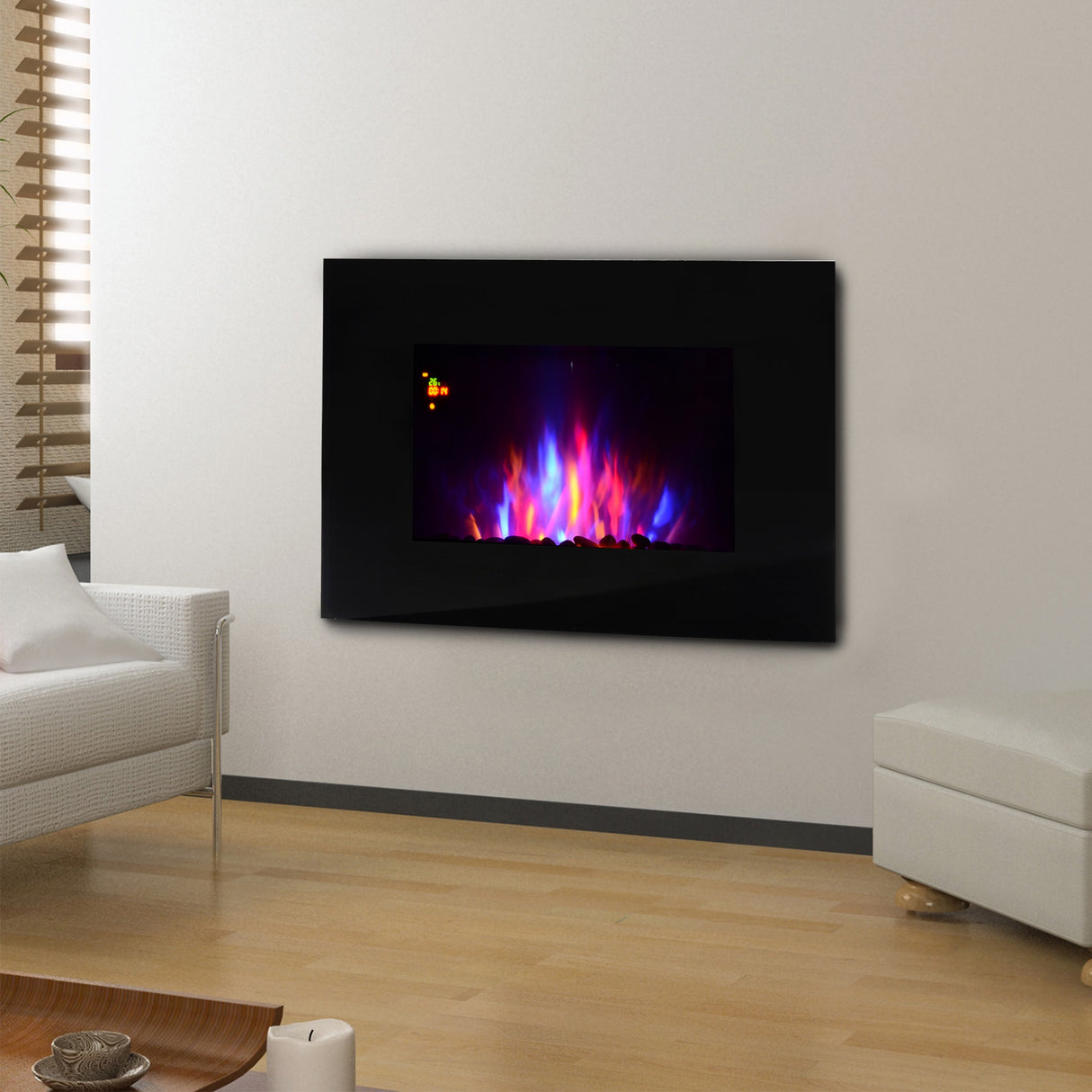 easycomfort easycomfort camino elettrico da parete o terra 2000w con fiamma led 7 colori nero 90x56x9.5cm