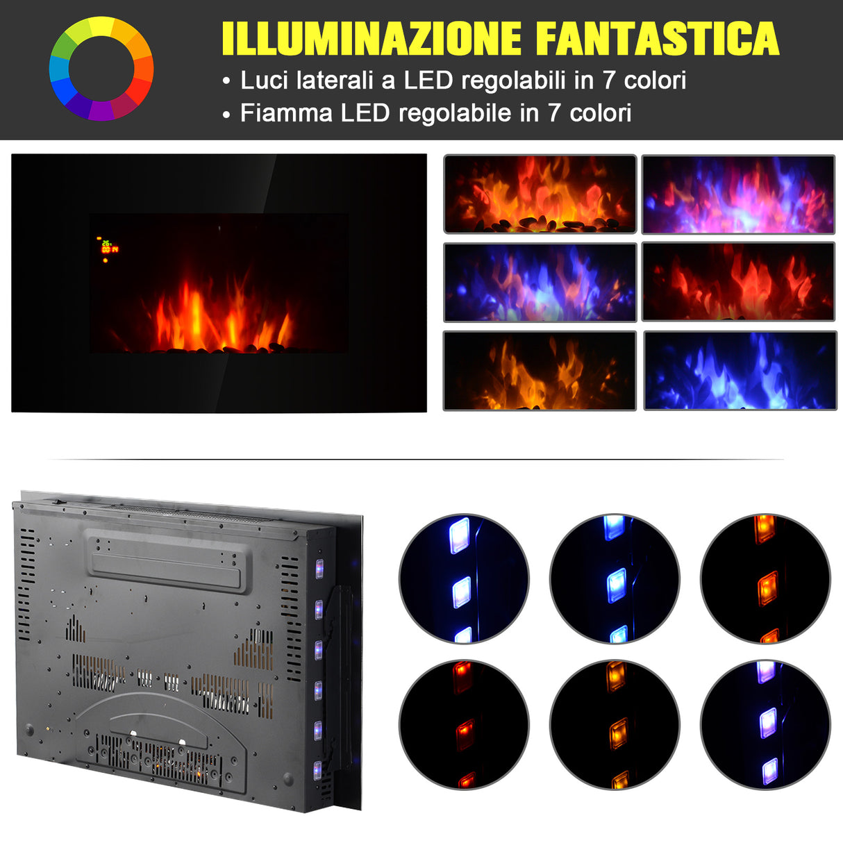 easycomfort easycomfort camino elettrico da parete o terra 2000w con fiamma led 7 colori nero 90x56x9.5cm