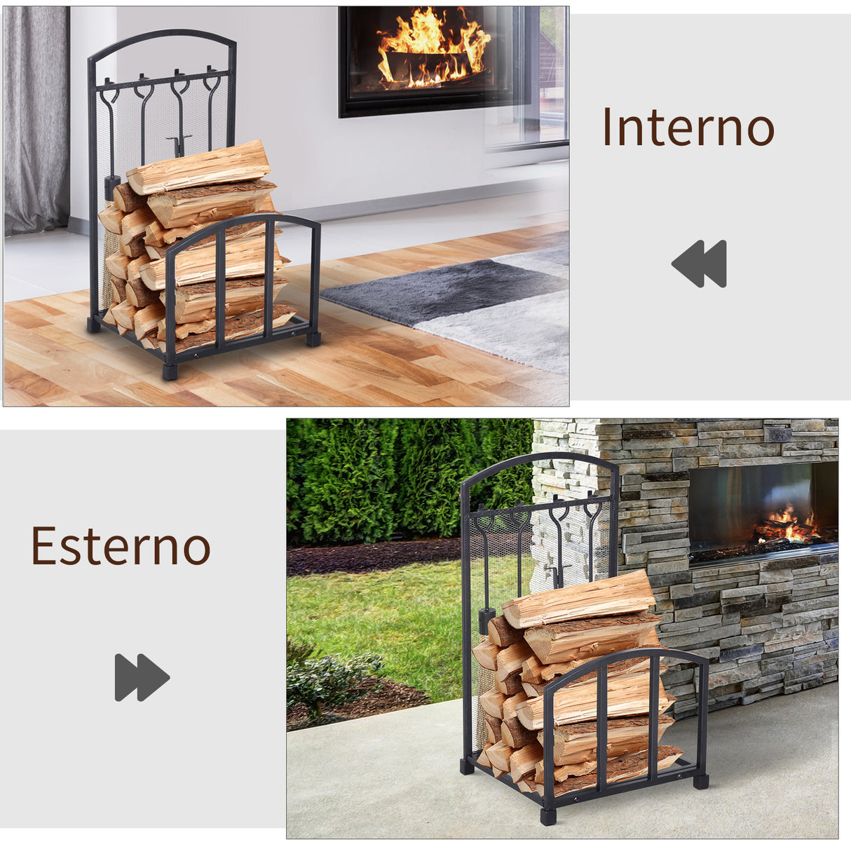 easycomfort portalegna da interno ed esterno in metallo con ganci e 4 attrezzi per camino inclusi nero