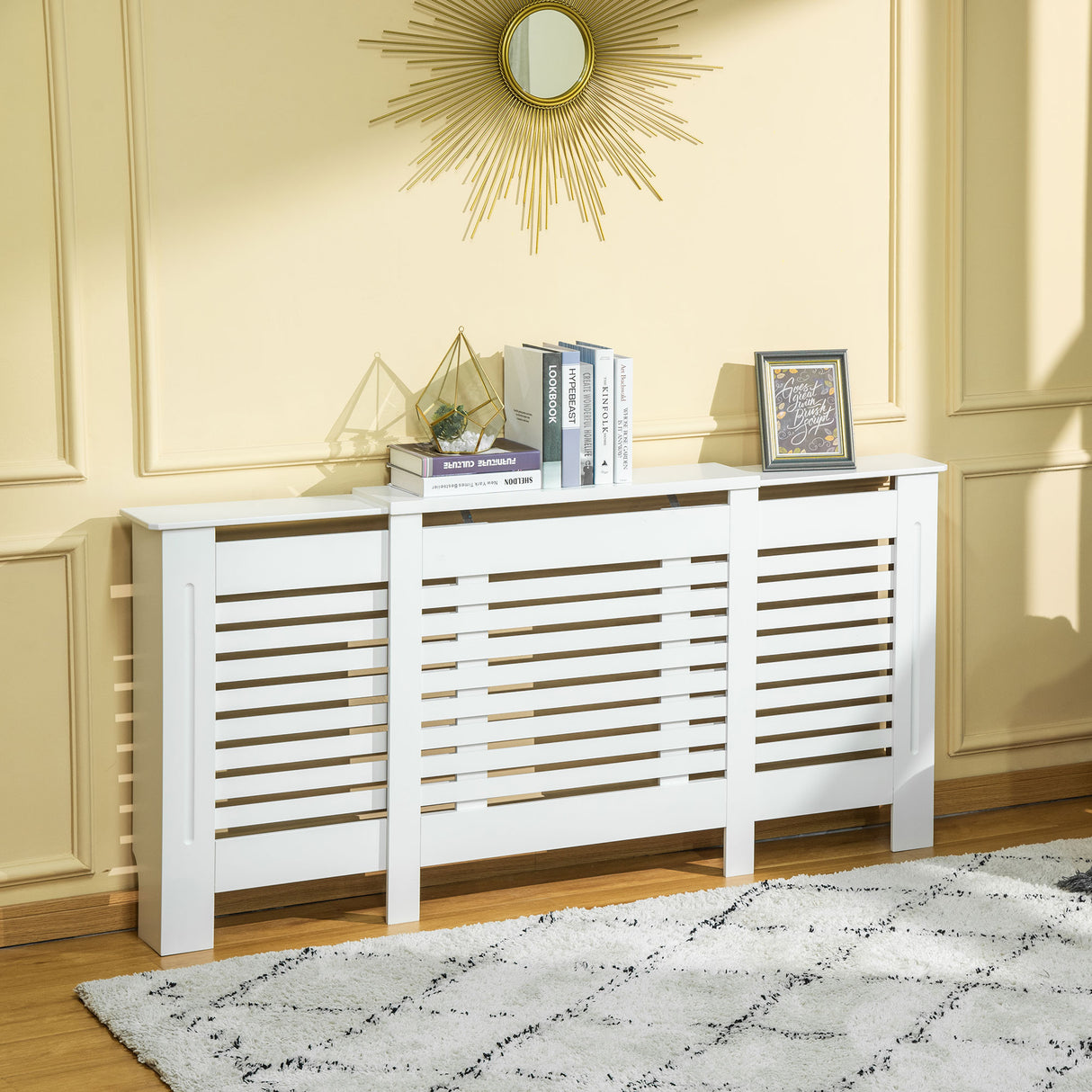 easycomfort mobile copricalorifero larghezza regolabile e mensola superiore in mdf e legno   bianco