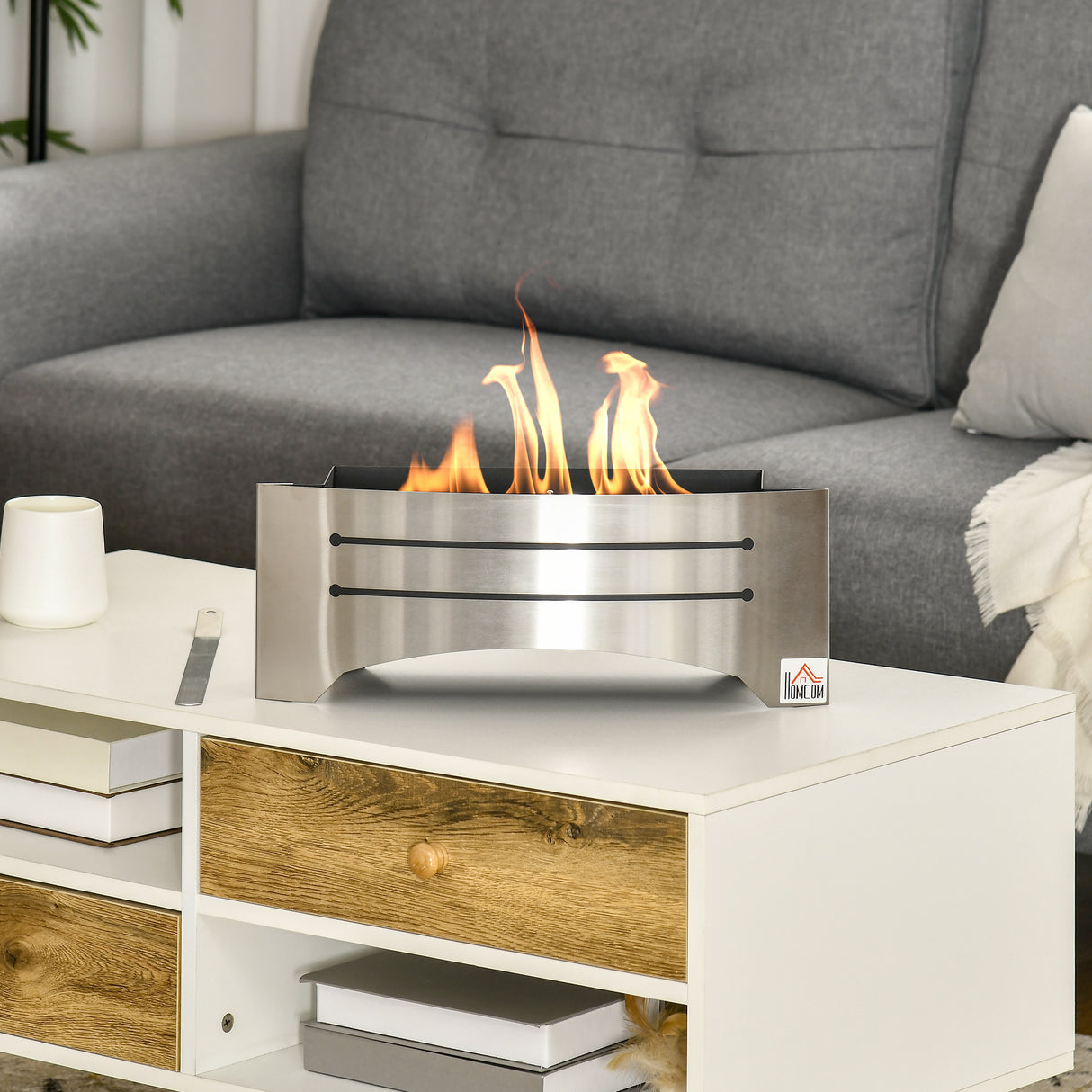easycomfort camino bioetanolo in acciaio inox 3h di combustione con serbatoio 1.5l e copertura 25m 45x18x17 cm argento