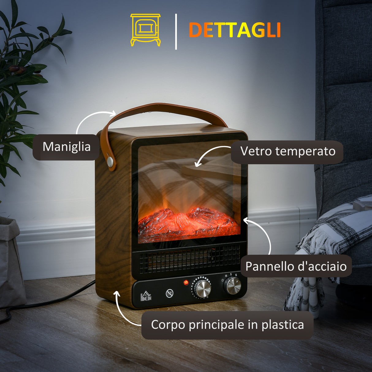 easycomfort camino elettrico con fiamma led 3 modalita di riscaldamento e interruttore di sicurezza 30.3x17.5x37.4 cm
