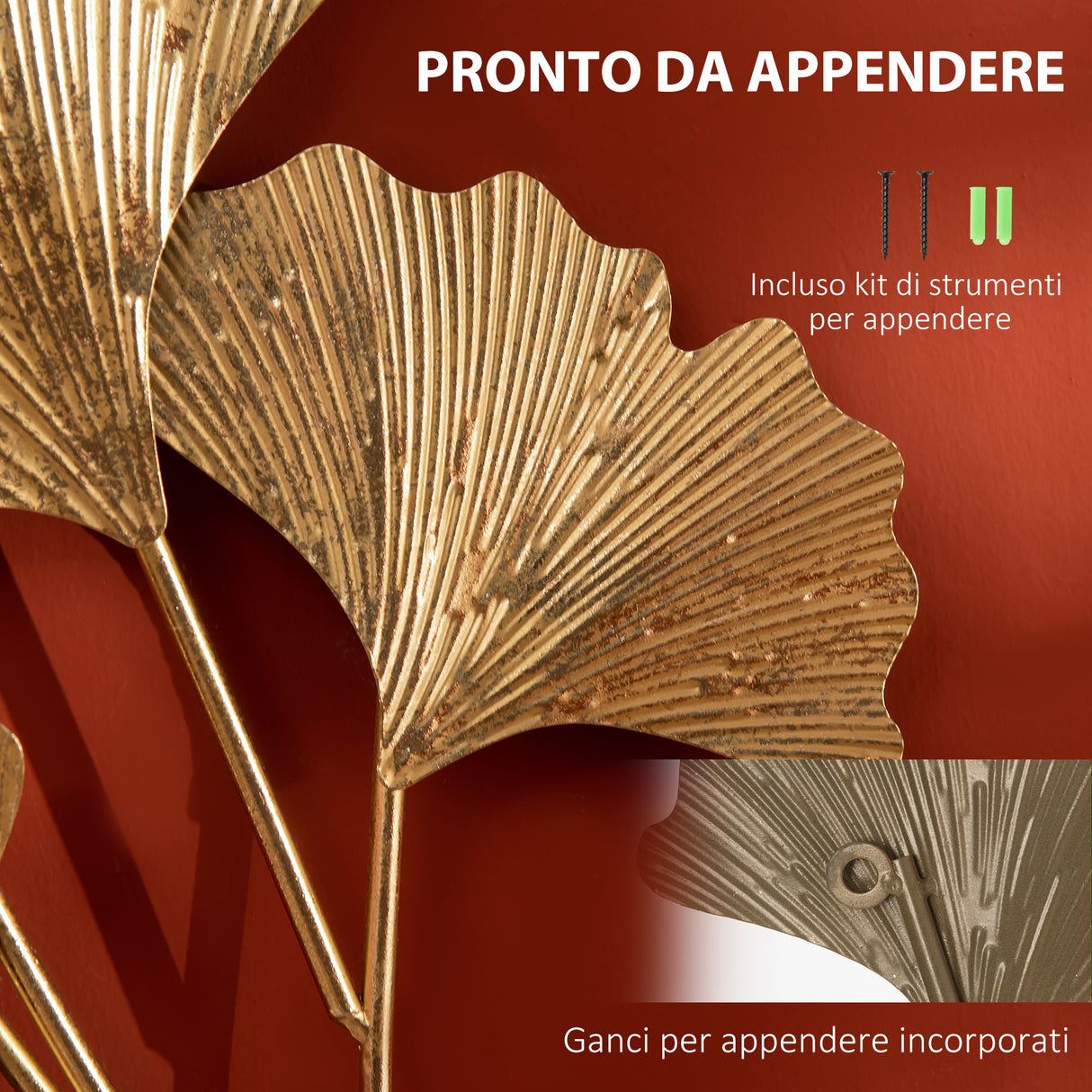 easycomfort easycomfort decorazione murale 3d in metallo wall art dorata con foglie di ginkgo 138x70cm
