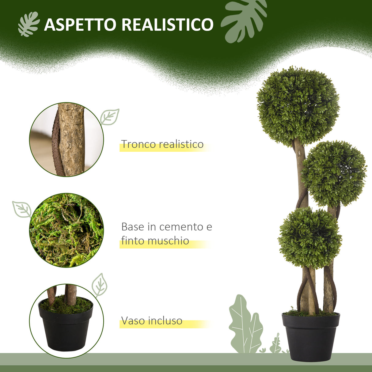 easycomfort pianta di bosso artificiale a 3 sfere con vaso incluso e fondo rinforzato altezza 90 cm