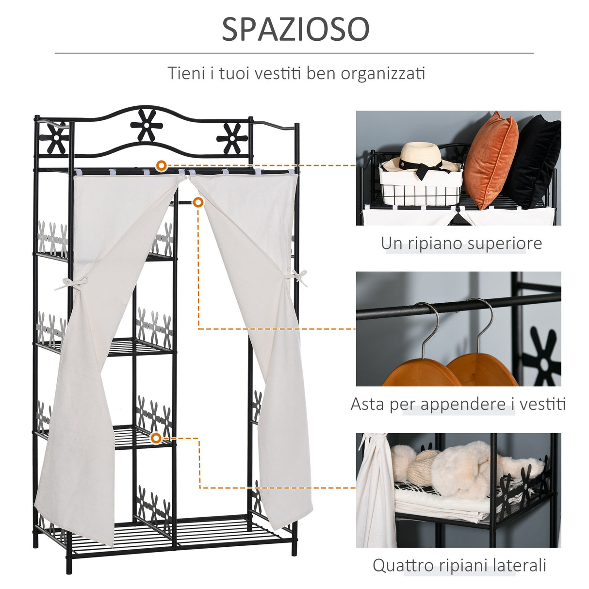 easycomfort easycomfort armadio guardaroba appendiabiti con 5 ripiani e 2 tende 84 x 42 x 158 5cm in metallo nero con decori a fiori ean 8054144139487