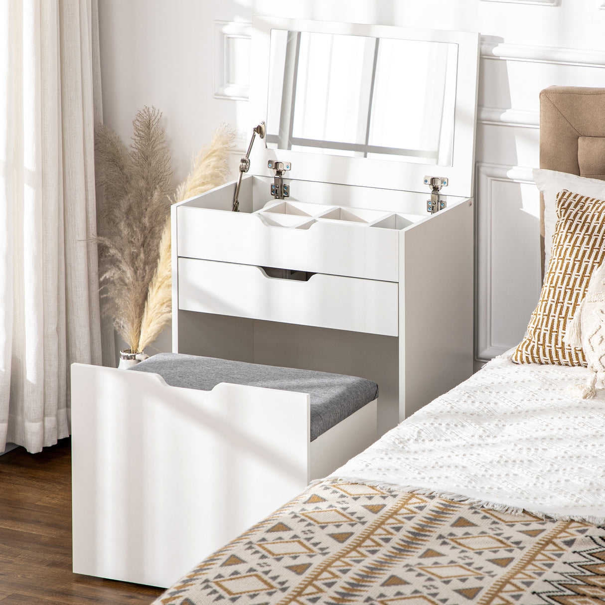 easycomfort toeletta da camera con specchiera cassetto e sgabello abbinato in legno bianco