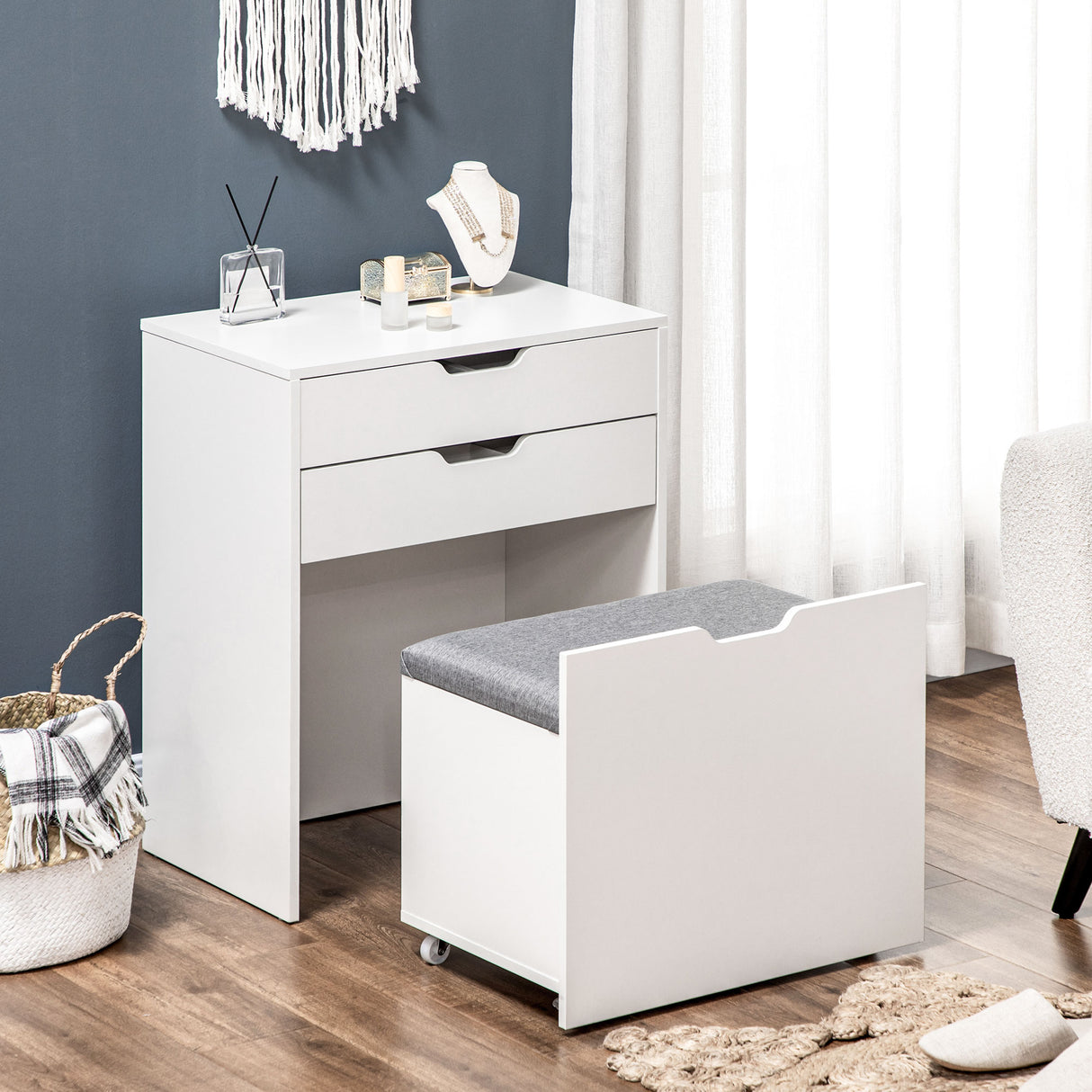 easycomfort toeletta da camera con specchiera cassetto e sgabello abbinato in legno bianco