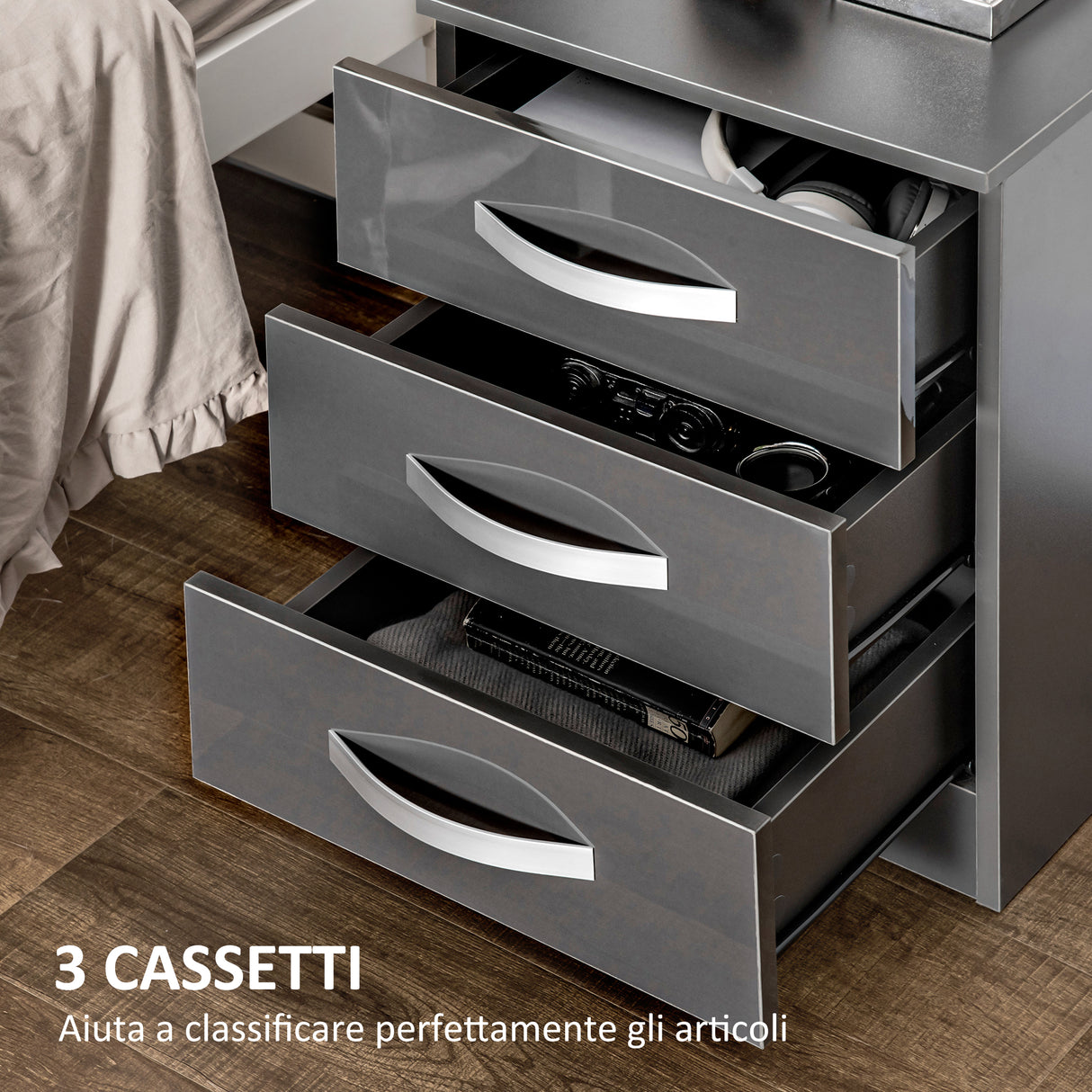 easycomfort easycomfort set 2 comodini moderni con 3 cassetti per camera da letto e soggiorno in truciolato 40x36x56 cm grigio