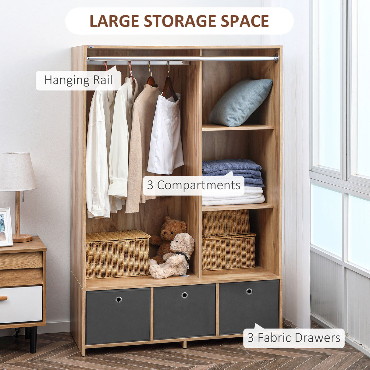 easycomfort easycomfort armadio guardaroba in truciolato con guida per appendere 3 cassetti in poliestere e 3 ripiani 105x48x160 cm