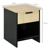 easycomfort easycomfort comodino stile boho chic in legno e rattan con cassetto e ripiano 40x40x50cm nero e naturale