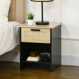 easycomfort easycomfort comodino stile boho chic in legno e rattan con cassetto e ripiano 40x40x50cm nero e naturale