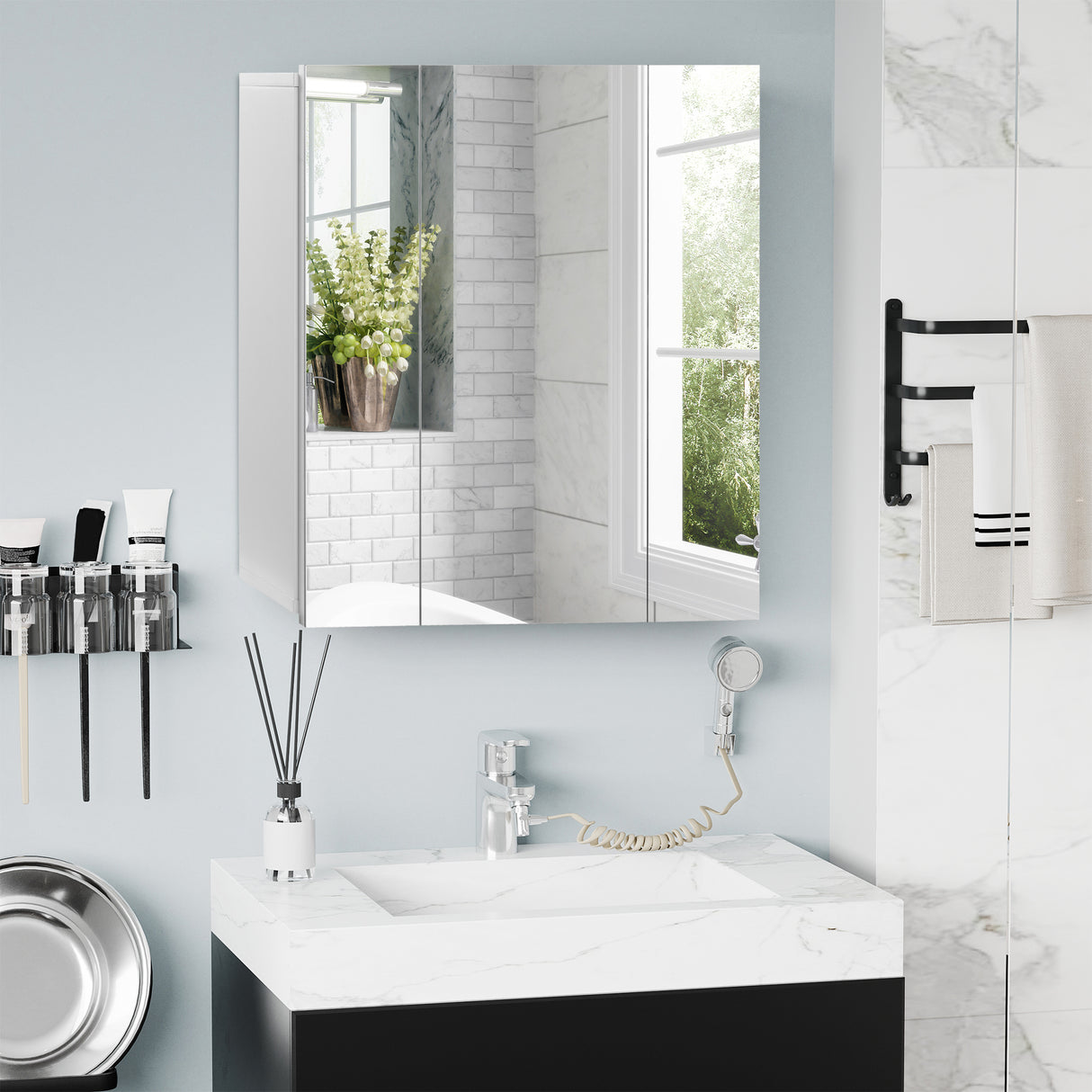 easycomfort easycomfort armadietto bagno con 3 ante specchiate e ripiani regolabili 70x15x60cm bianco