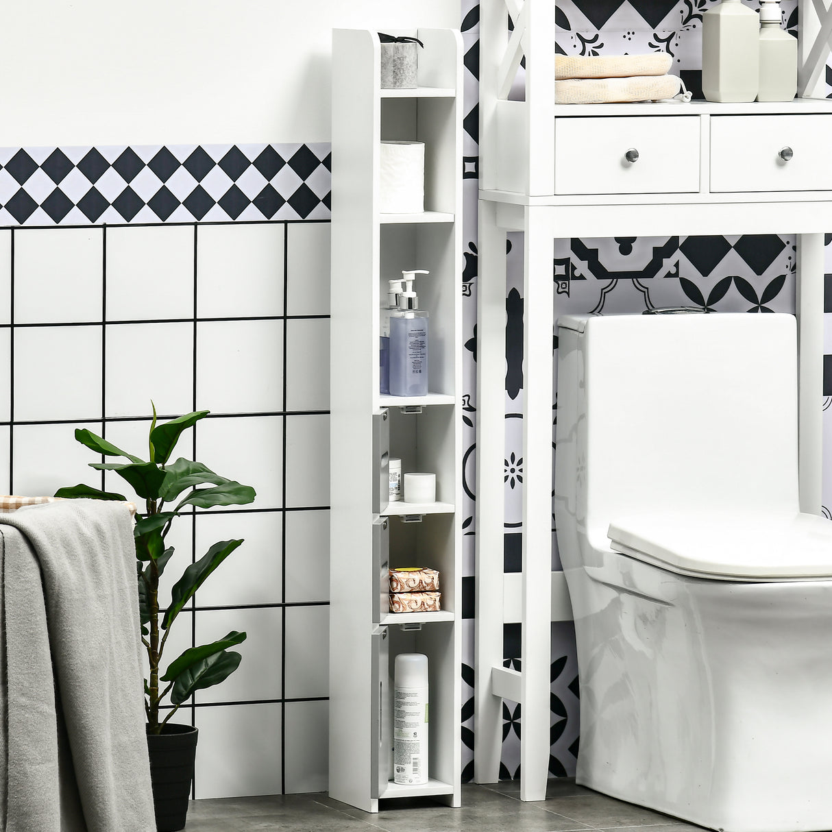 easycomfort easycomfort colonna bagno con mensole e armadietti mobile alto salvaspazio in legno 15x17x120cm bianco e grigio