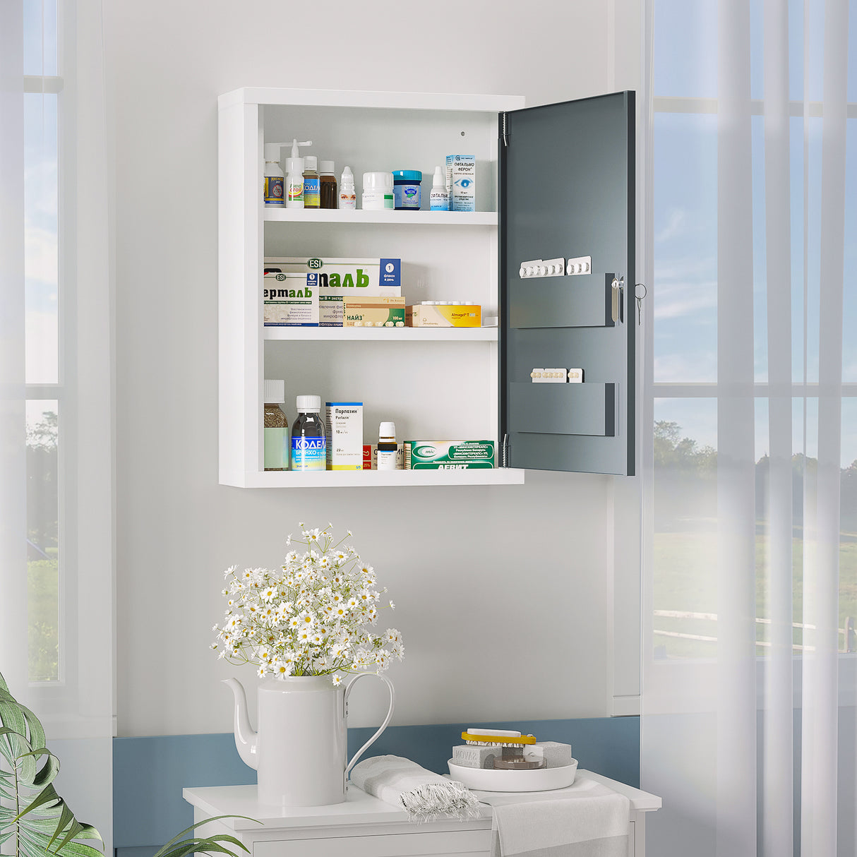 easycomfort easycomfort armadietto medicinali con 3 ripiani e blocco con chiavi in acciaio 40x15x53 5cm bianco e grigio