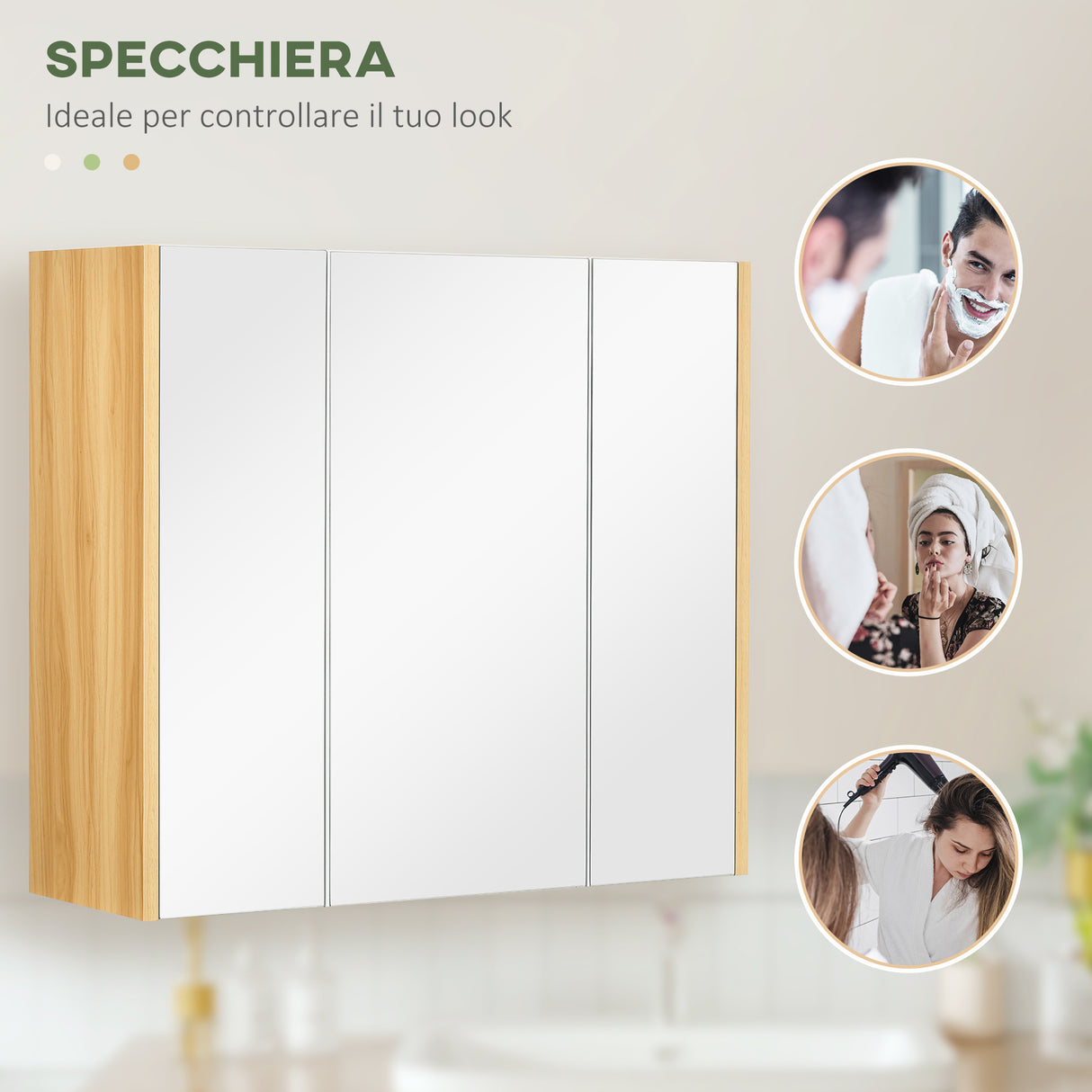 easycomfort easycomfort armadietto specchiera bagno a 3 ante con mensole regolabili 68x22x60cm bianco