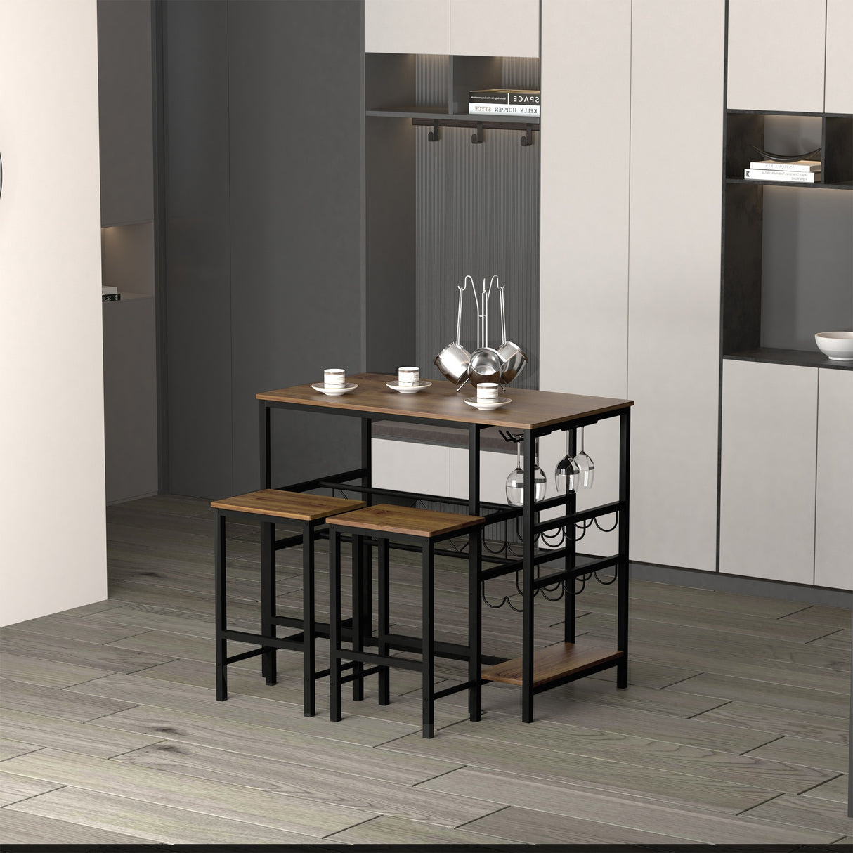 easycomfort easycomfort set tavolo 2 sgabelli alti da bar in legno isola cucina con portabottiglie e portabicchieri in stile industriale ean 8055776914565