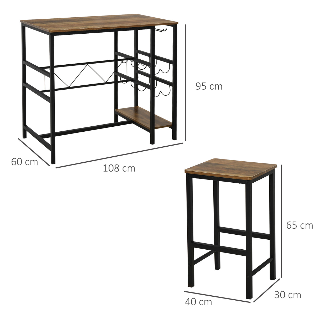 easycomfort easycomfort set tavolo 2 sgabelli alti da bar in legno isola cucina con portabottiglie e portabicchieri in stile industriale ean 8055776914565