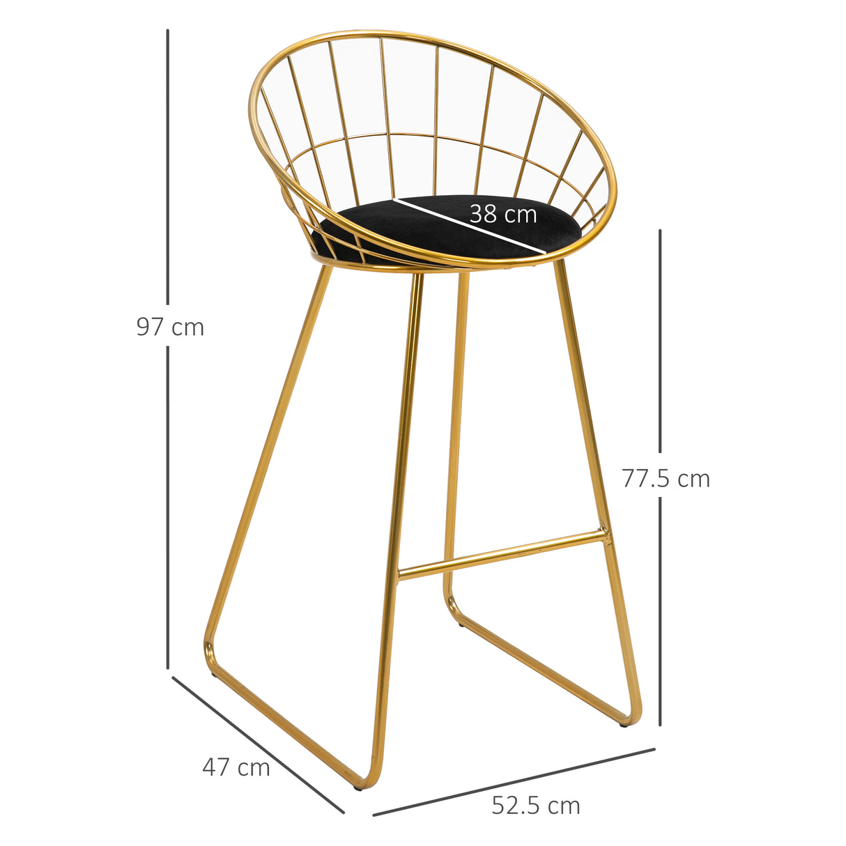 easycomfort easycomfort set 2 sgabelli da bar alti con schienale e poggiapiedi per salotto o cucina stile moderno cuscino in velluto e struttura in metallo 52 5x47x97cm nero e oro