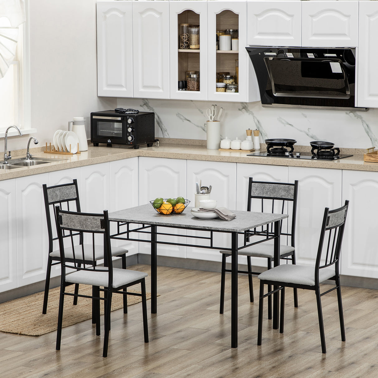 easycomfort easycomfort set tavolo e sedie 5pz tavolo da pranzo rettangolare in metallo e mdf e 4 sedie da pranzo grigio e nero
