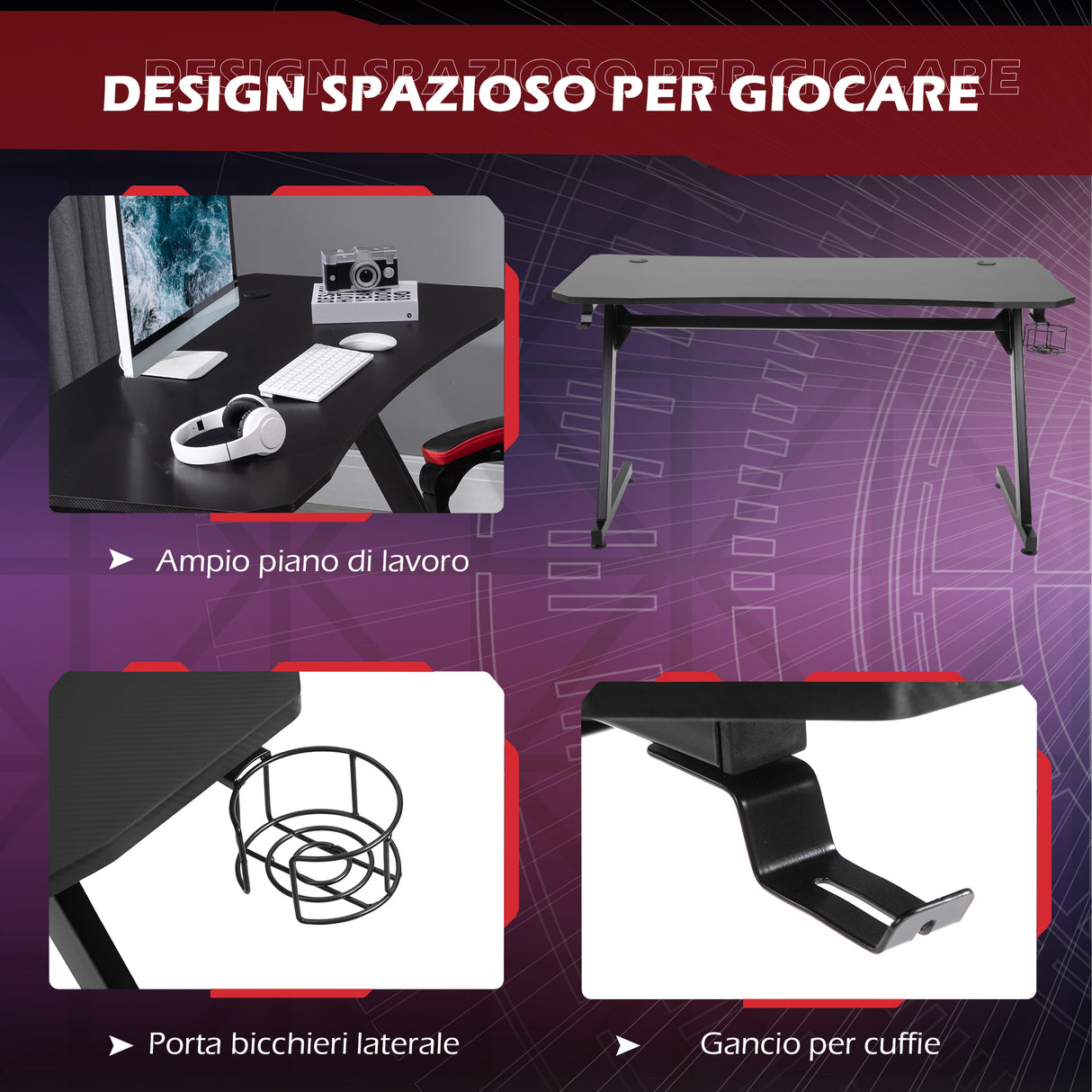 easycomfort easycomfort scrivania gaming con passacavi portabicchieri e gancio per cuffie nera ean 8054144130828