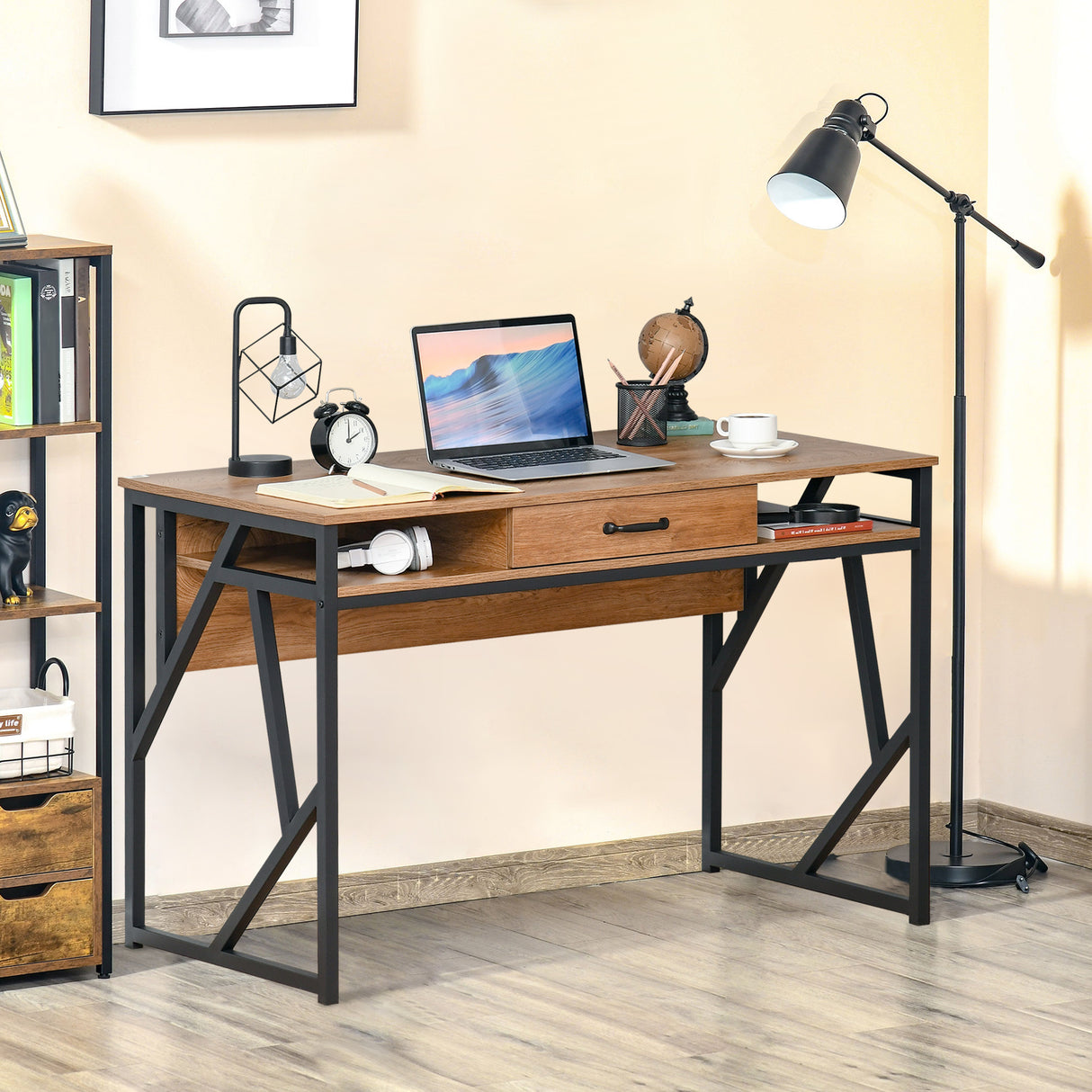 easycomfort easycomfort scrivania in metallo e mdf stile industriale con mensole e cassetto 120x60x76cm nero marrone