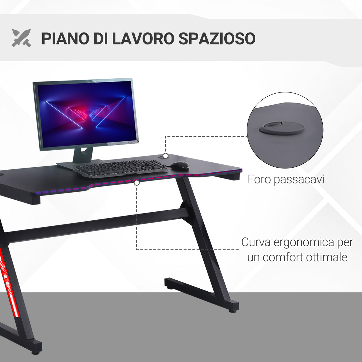 easycomfort easycomfort scrivania gaming moderna per camera o ufficio con 2 fori passacavi 120x60x73cm nero