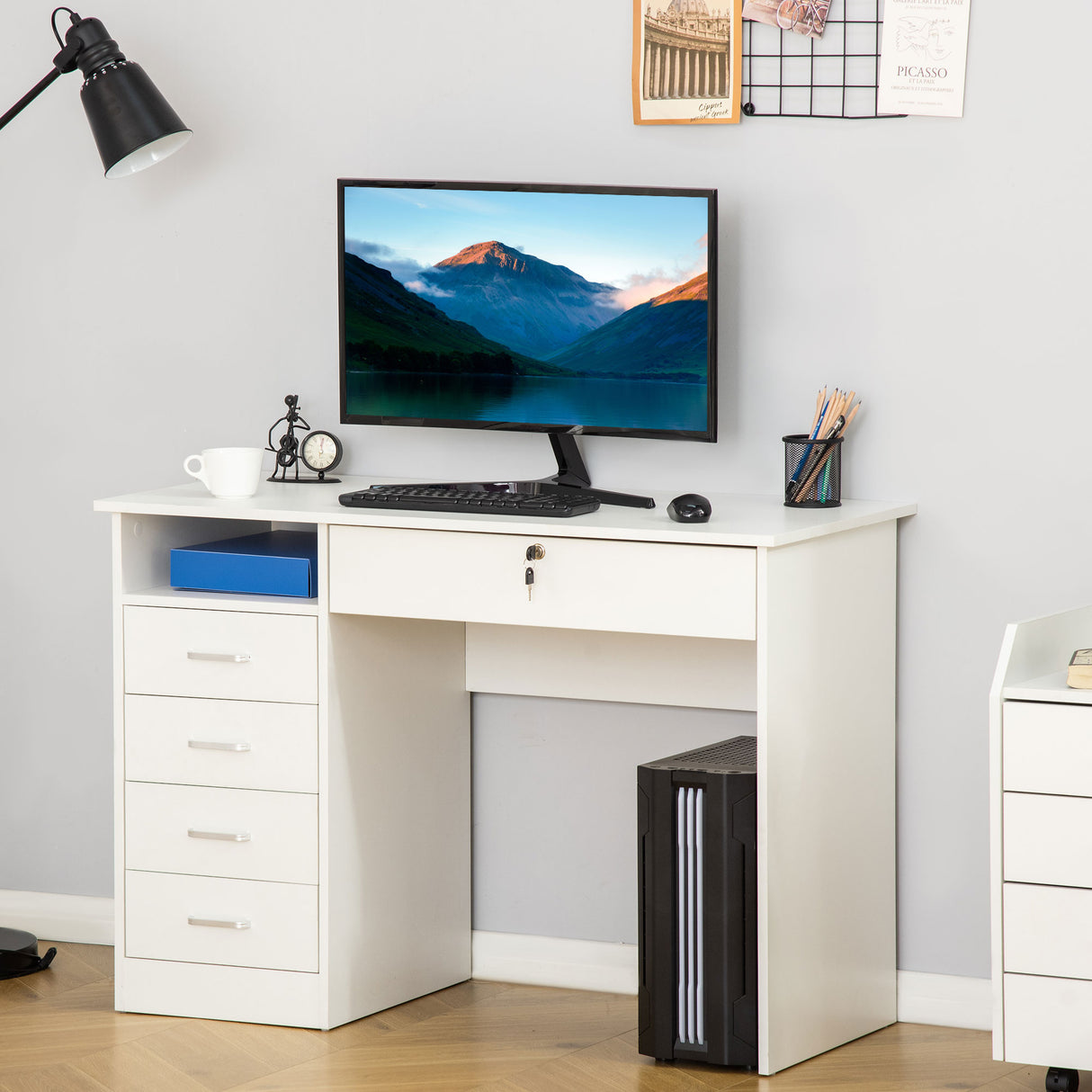 easycomfort easycomfort scrivania per camera o ufficio in legno con 2 cassetti e 2 chiavi 110x50x76cm bianco