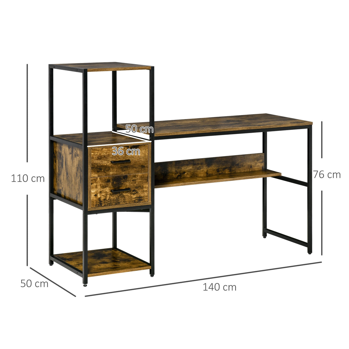easycomfort easycomfort scrivania pc con scaffale e cassetti in legno truciolato e acciaio 140x50x110cm