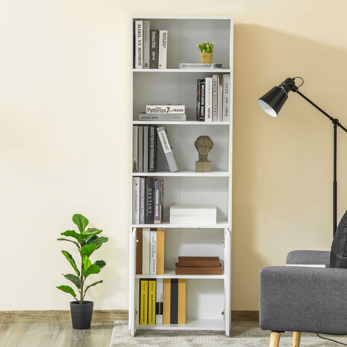 easycomfort easycomfort libreria moderna 4 ripiani con armadietto a 2 ante in legno 59x29x180cm bianca