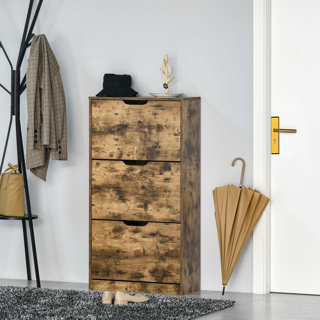 easycomfort easycomfort mobile scarpiera salvaspazio a 3 ante con mensole regolabili per 12 18 scarpe in legno marrone rustico
