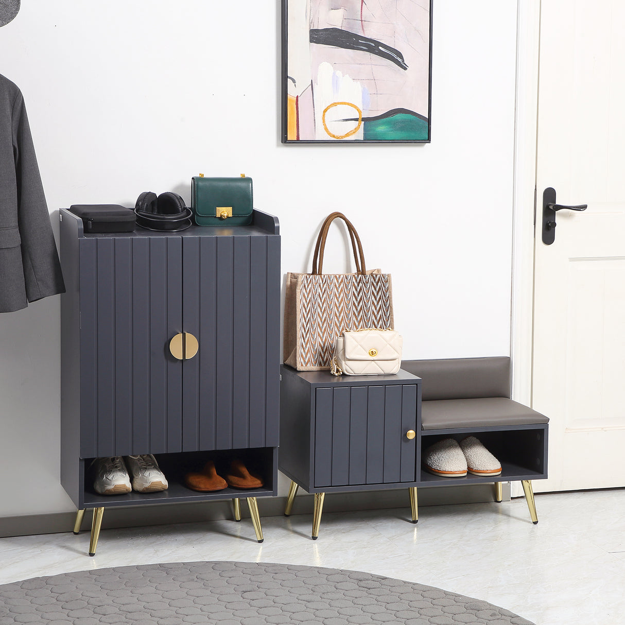easycomfort easycomfort mobile scarpiera da ingresso con seduta imbottita e armadietto per 4 paia di scarpe 80x33x49cm grigio