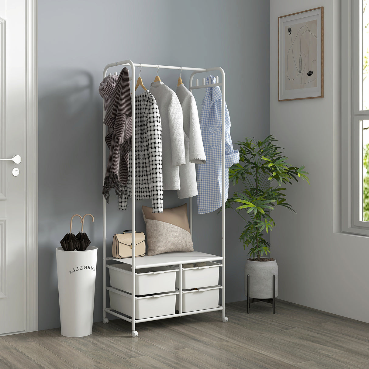 easycomfort easycomfort stand appendiabiti con scarpiera a 4 cesti e 8 ganci in acciaio e plastica 63x37x153 cm bianco