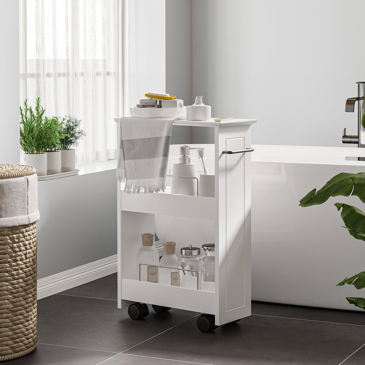 easycomfort easycomfort carrello salvaspazio multiuso in legno mdf e ruote 42 5x20 3x66 7cm bianco