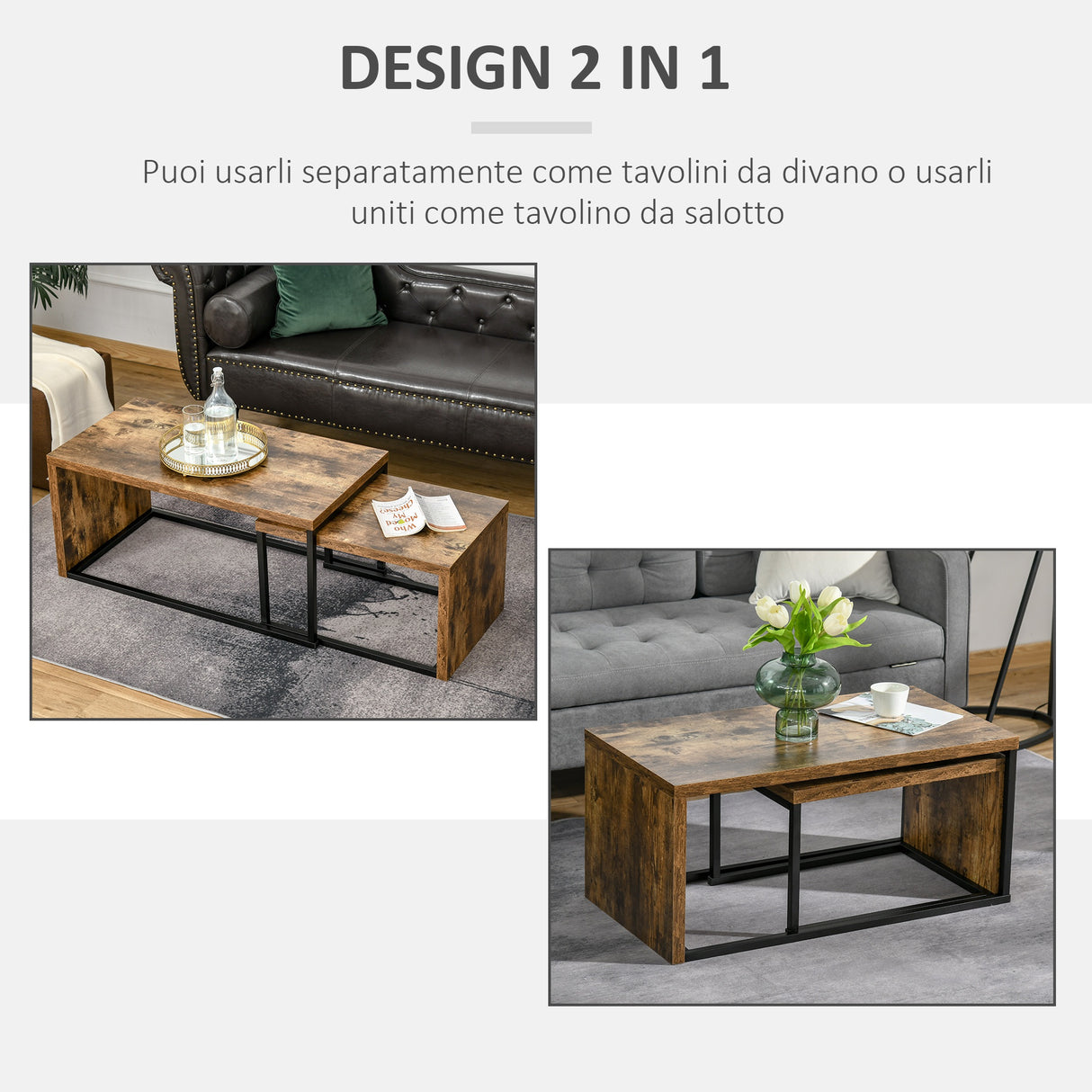 easycomfort easycomfort set di 2 tavolini da salotto impilabili e salvaspazio in stile industriale legno mdf e metallo marrone e nero