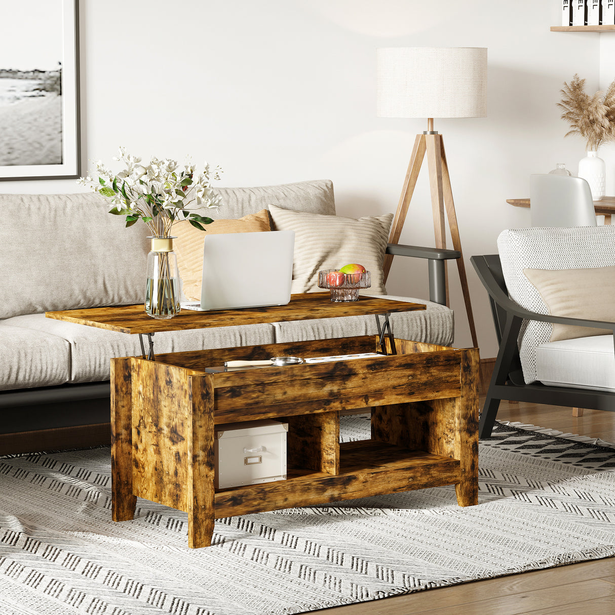 easycomfort easycomfort tavolino da salotto in stile industriale con vano contenitore e piano sollevabile in legno marrone rustico