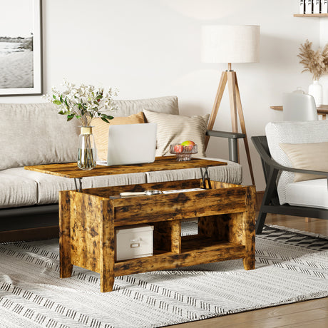 easycomfort easycomfort tavolino da salotto in stile industriale con vano contenitore e piano sollevabile in legno marrone rustico