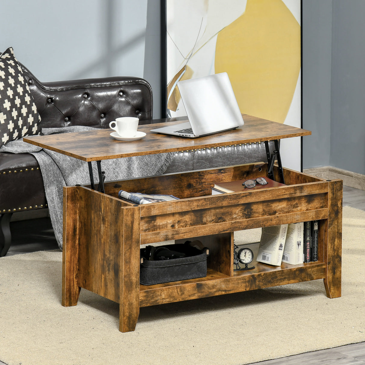 easycomfort easycomfort tavolino da salotto in stile industriale con vano contenitore e piano sollevabile in legno marrone rustico